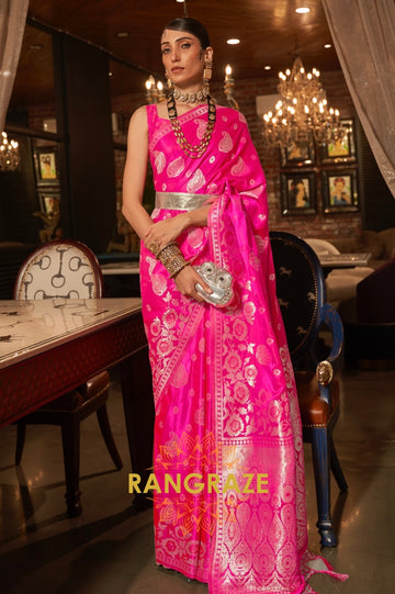 Deep Pink Banarasi Woven Satin Silk Saree