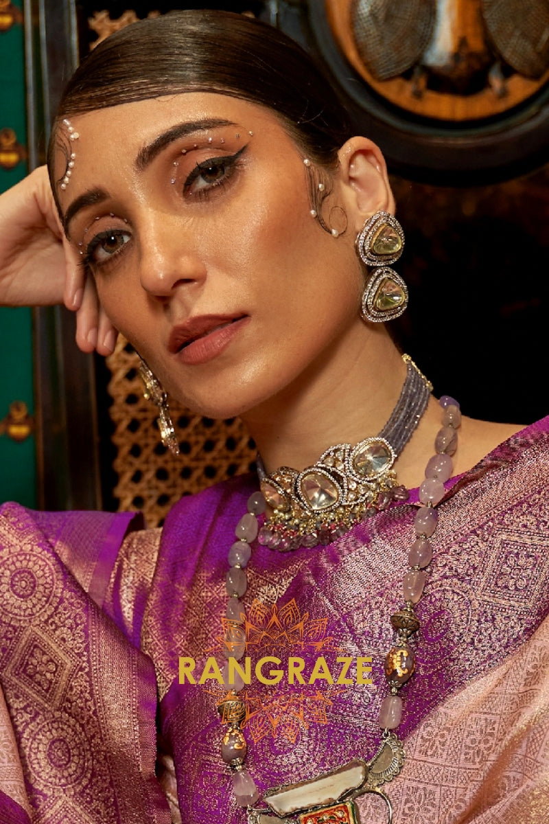 Majestic Purple Pink Woven Banarasi Tussar Silk Saree
