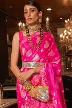 Deep Pink Banarasi Woven Satin Silk Saree