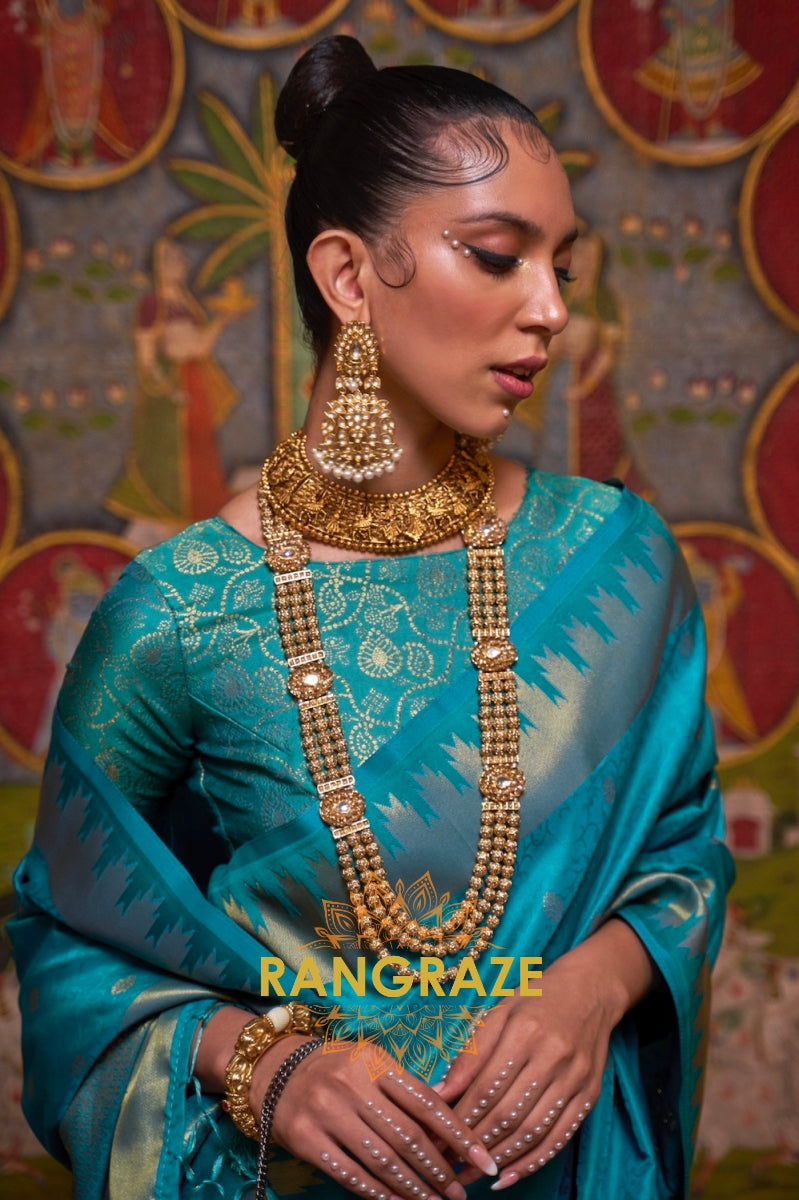 Festive Turquoise Blue Woven Banarasi Soft Silk Saree