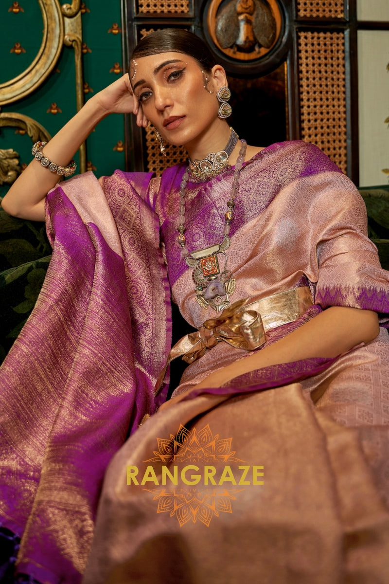 Majestic Purple Pink Woven Banarasi Tussar Silk Saree