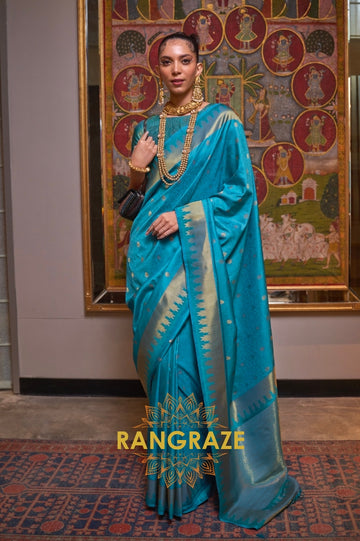 Festive Turquoise Blue Woven Banarasi Soft Silk Saree