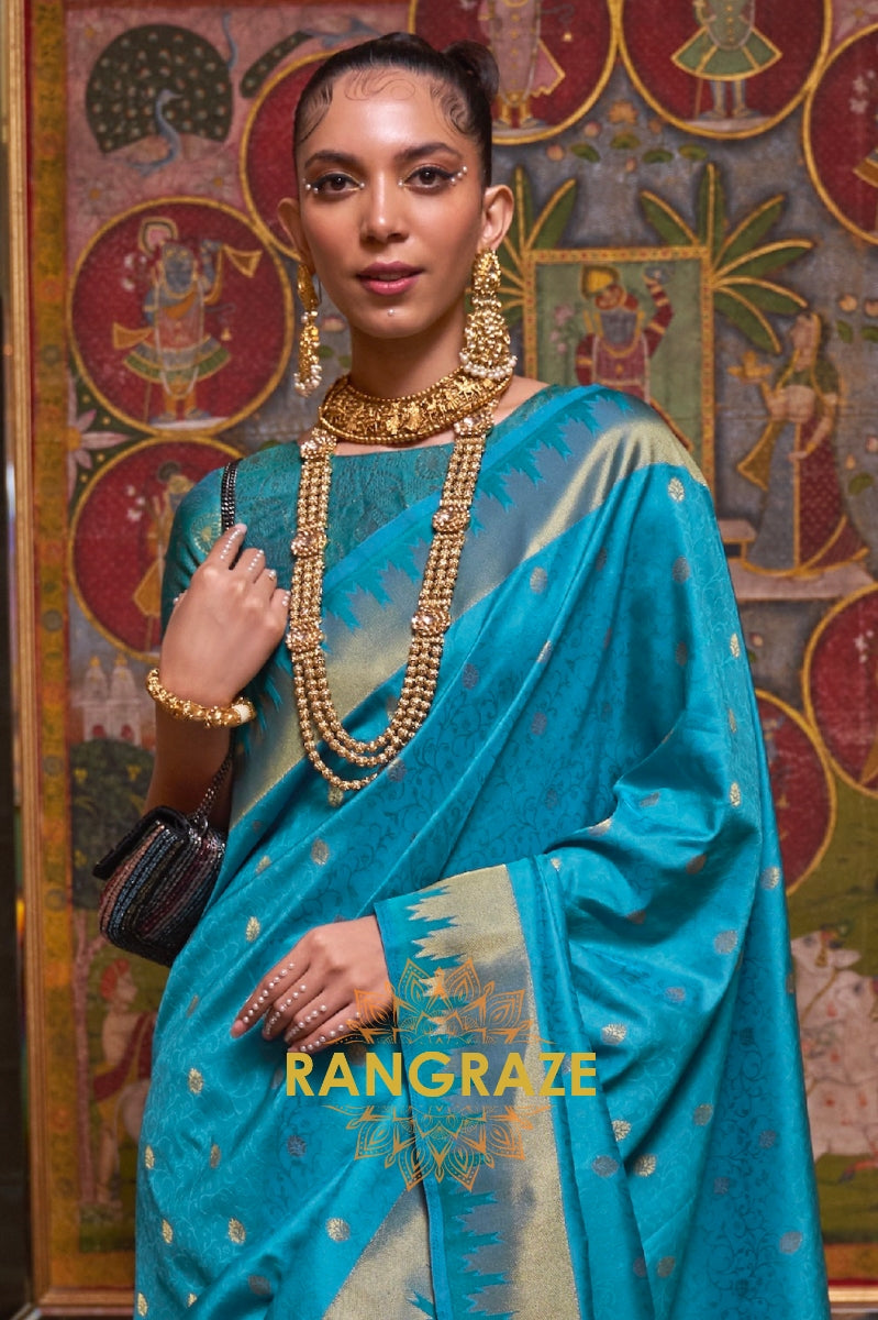 Festive Turquoise Blue Woven Banarasi Soft Silk Saree