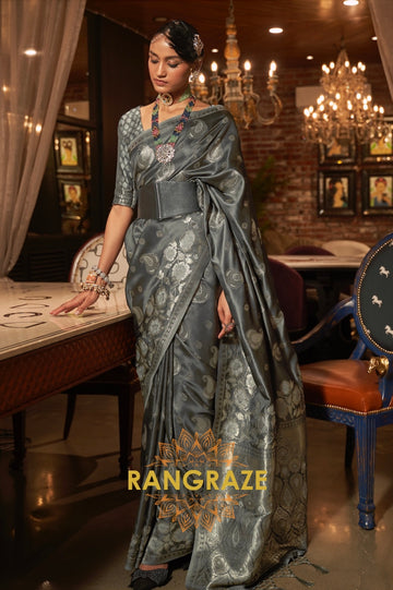 Grey Black Banarasi Woven Satin Silk Saree