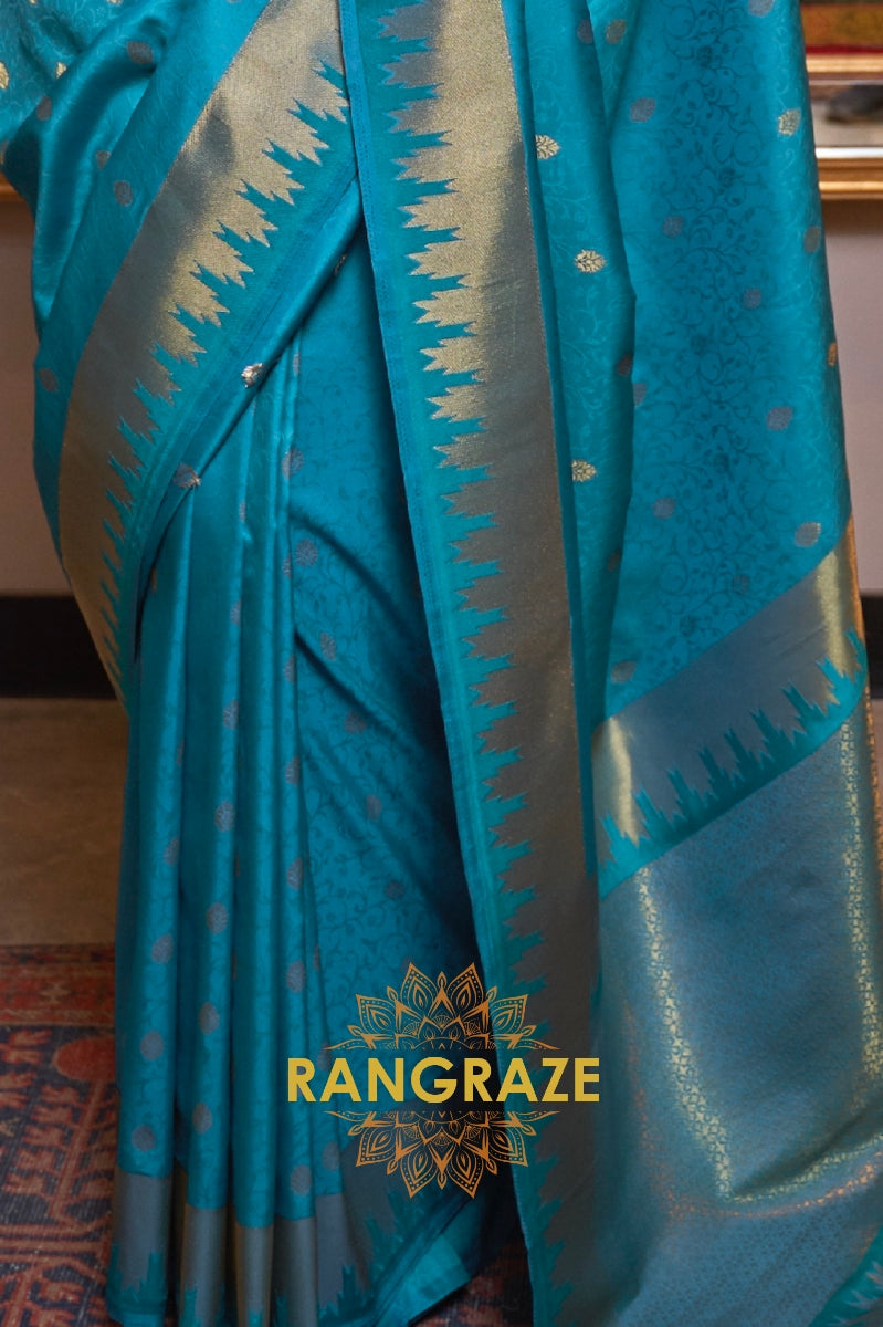 Festive Turquoise Blue Woven Banarasi Soft Silk Saree