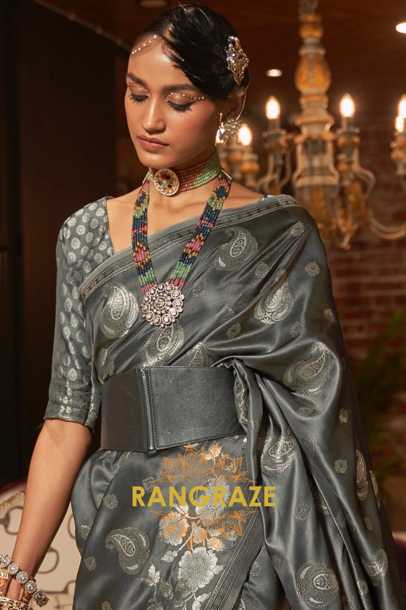 Grey Black Banarasi Woven Satin Silk Saree