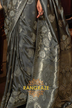 Grey Black Banarasi Woven Satin Silk Saree