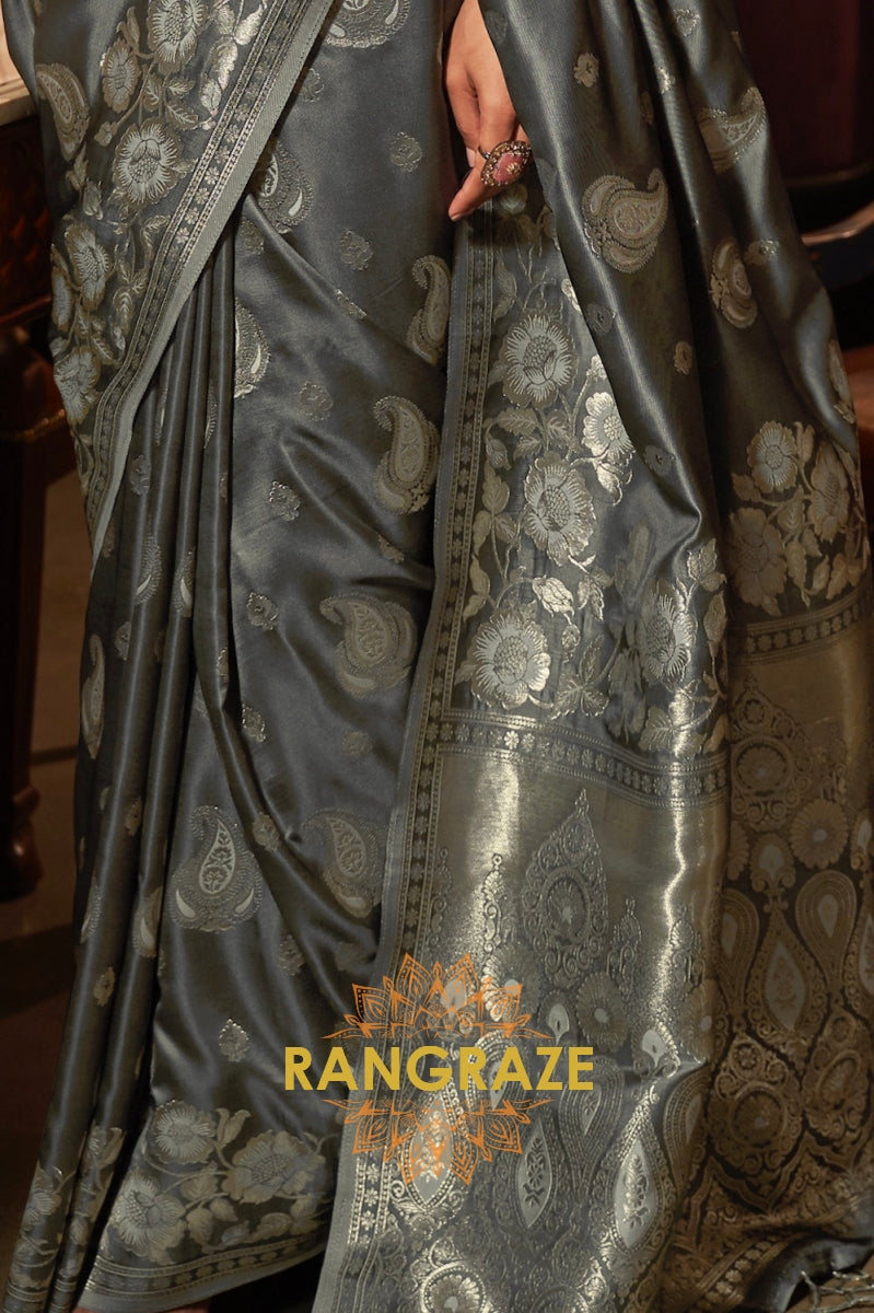 Grey Black Banarasi Woven Satin Silk Saree
