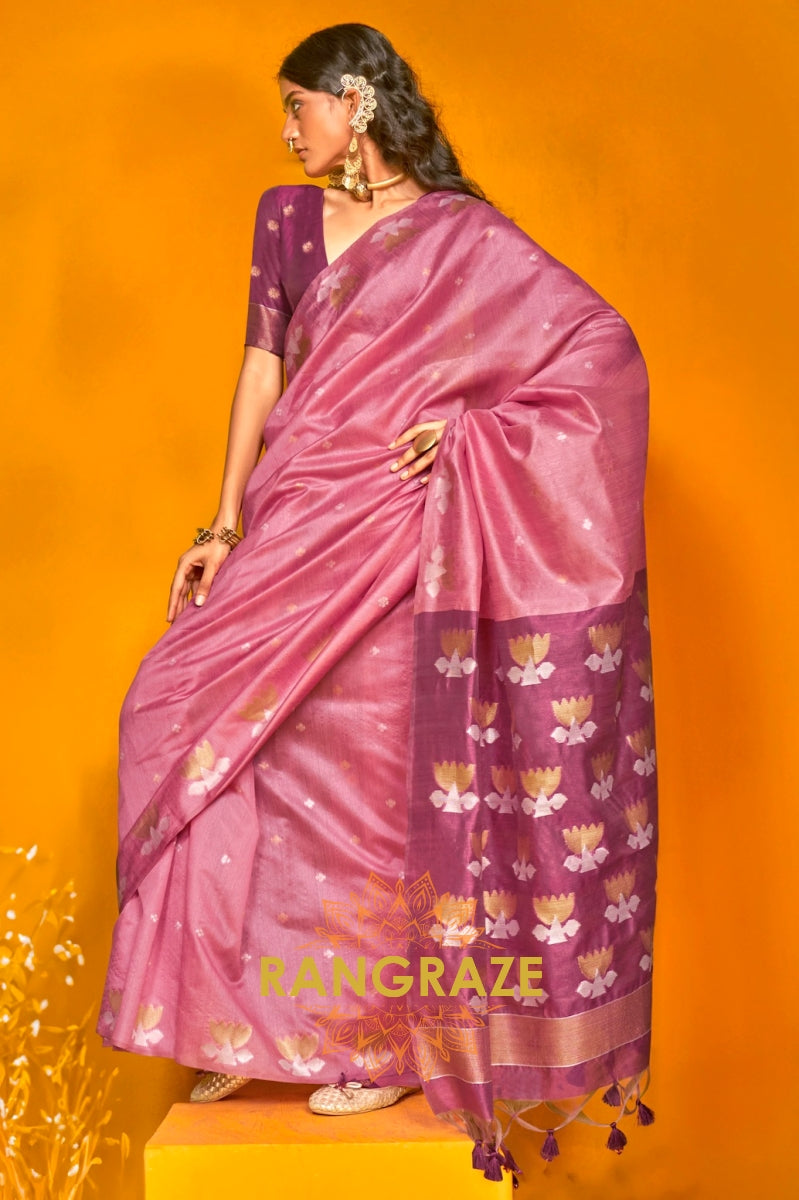 Blush Berry Tussar Handwoven Silk Saree