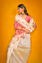 Ivory & Blush Tussar Handwoven Silk Saree