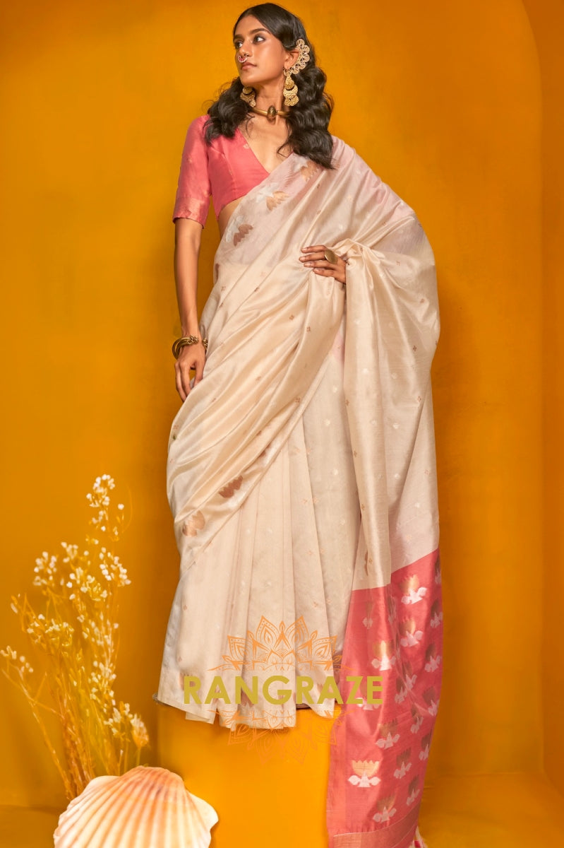 Ivory & Blush Tussar Handwoven Silk Saree