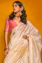 Ivory & Blush Tussar Handwoven Silk Saree