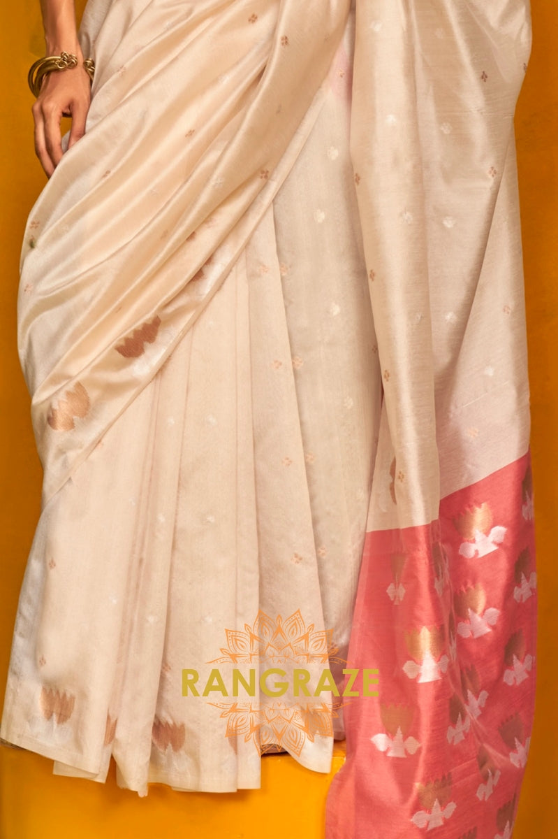 Ivory & Blush Tussar Handwoven Silk Saree