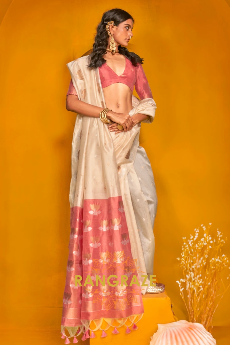 Ivory & Blush Tussar Handwoven Silk Saree