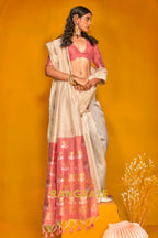 Ivory & Blush Tussar Handwoven Silk Saree