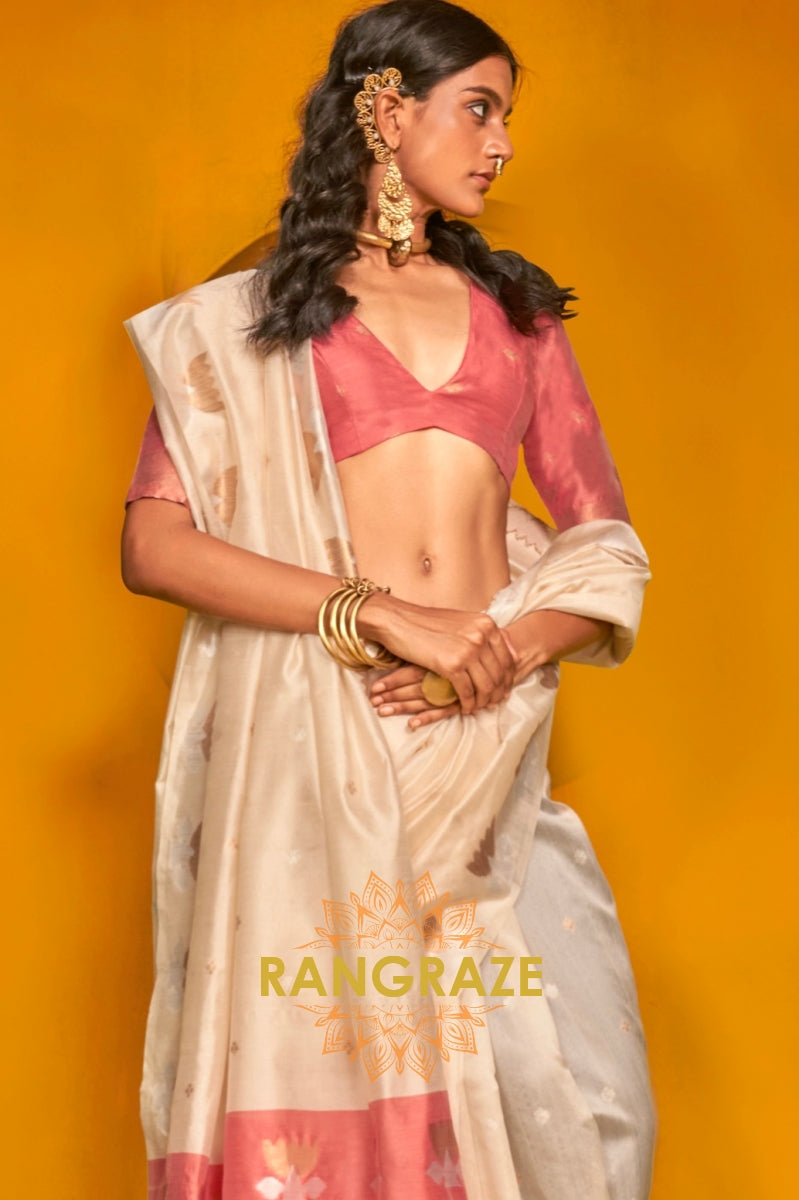 Ivory & Blush Tussar Handwoven Silk Saree