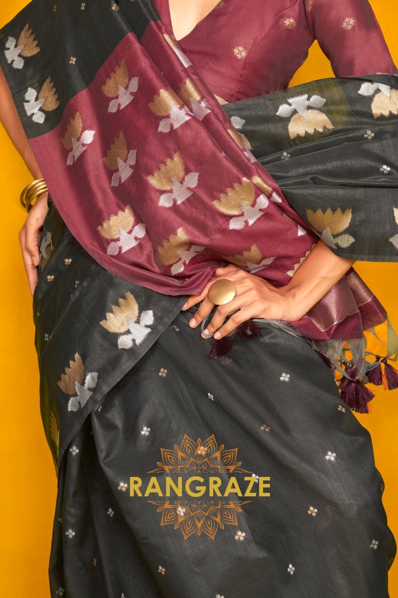 Midnight Bloom Tussar Handwoven Silk Saree with Contrast Pallu & Blouse