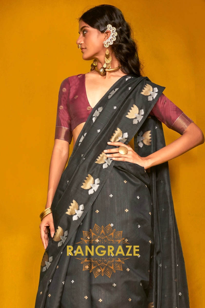 Midnight Bloom Tussar Handwoven Silk Saree with Contrast Pallu & Blouse