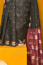 Midnight Bloom Tussar Handwoven Silk Saree with Contrast Pallu & Blouse