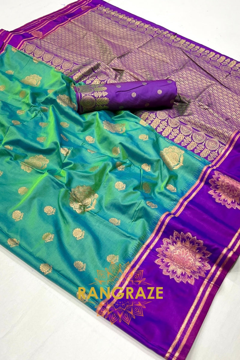 Green and Purple Two-Tone Contrast Handloom Silk Saree