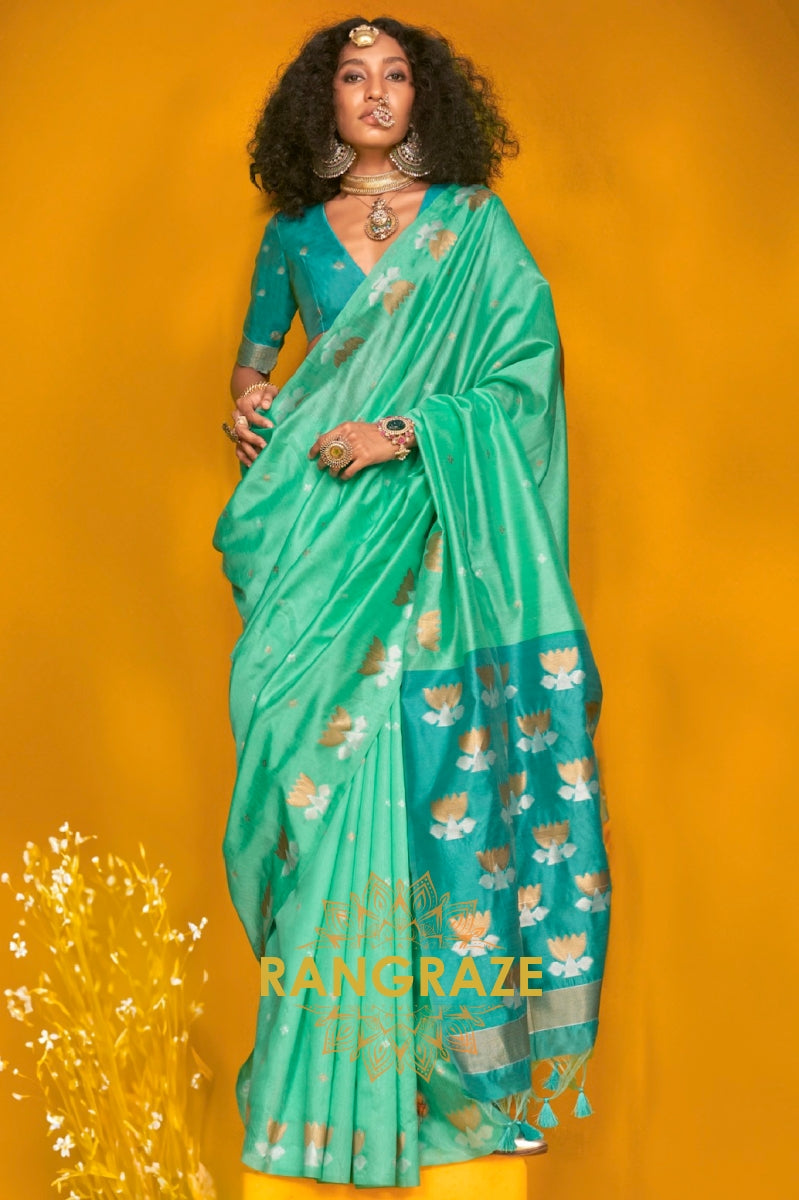 Serene Aqua Handwoven Tussar Silk Saree