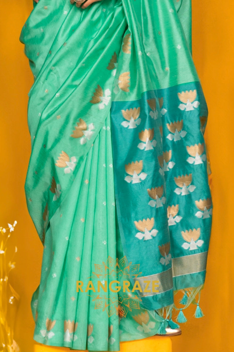 Serene Aqua Handwoven Tussar Silk Saree