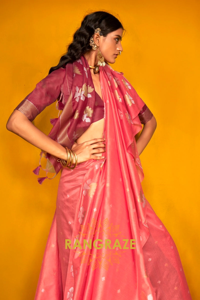 Blush Pink Handwoven Tussar Silk Saree with Contrast Pallu & Blouse