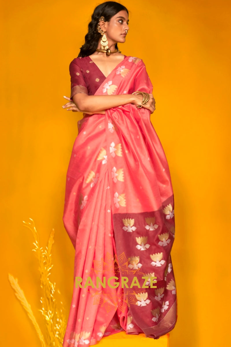 Blush Pink Handwoven Tussar Silk Saree with Contrast Pallu & Blouse