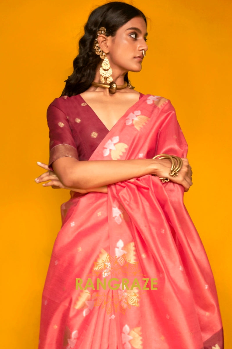 Blush Pink Handwoven Tussar Silk Saree with Contrast Pallu & Blouse