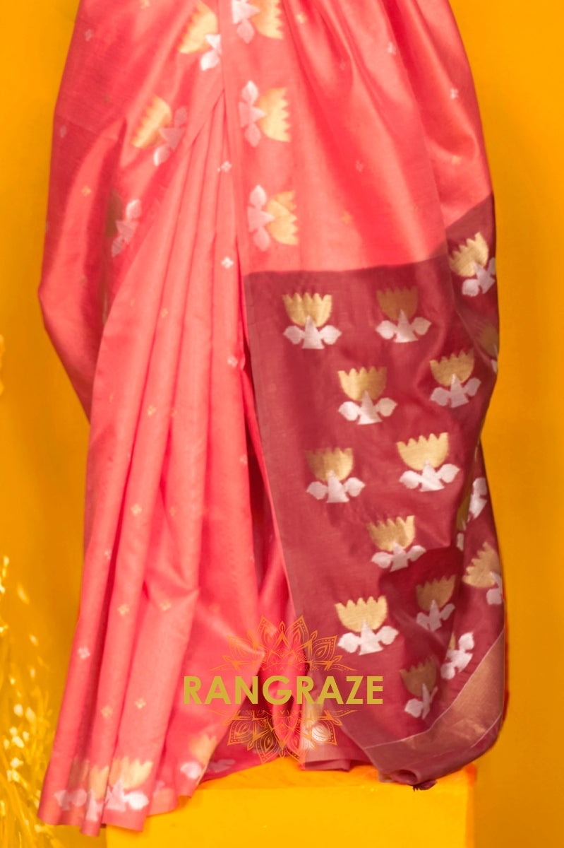 Blush Pink Handwoven Tussar Silk Saree with Contrast Pallu & Blouse