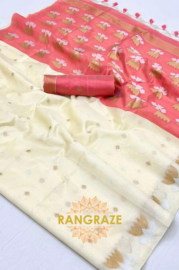 Ivory & Blush Tussar Handwoven Silk Saree