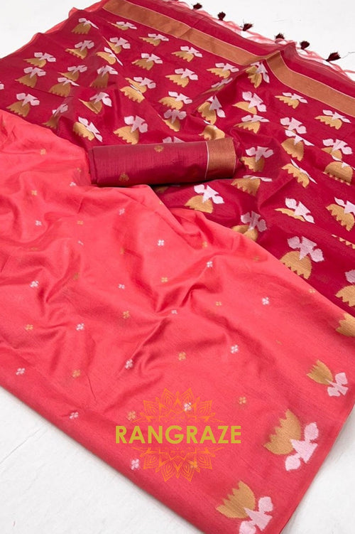 Blush Pink Handwoven Tussar Silk Saree with Contrast Pallu & Blouse