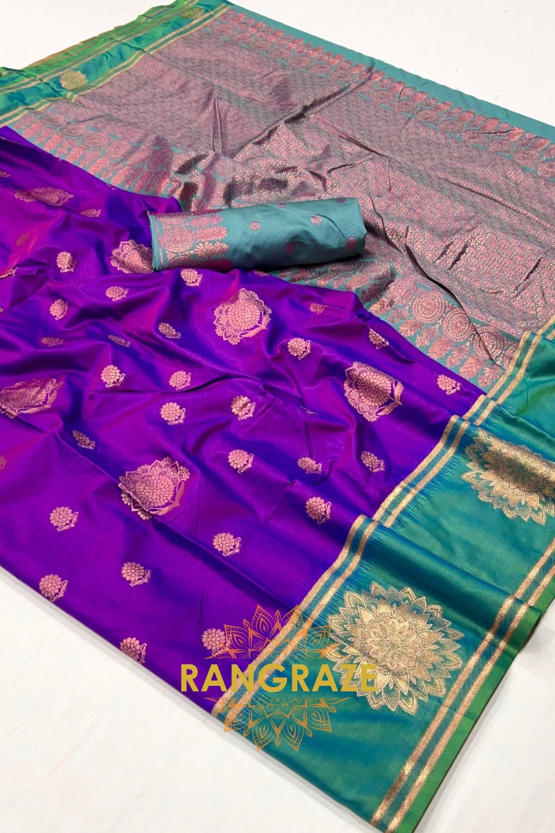 Purple and Turquoise Two-Tone Contrast Handloom Silk Saree