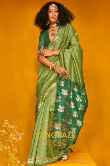 Emerald Elegance Tussar Handwoven Silk Saree