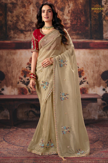 Beige Designer Organza Saree With Embroidered Blouse