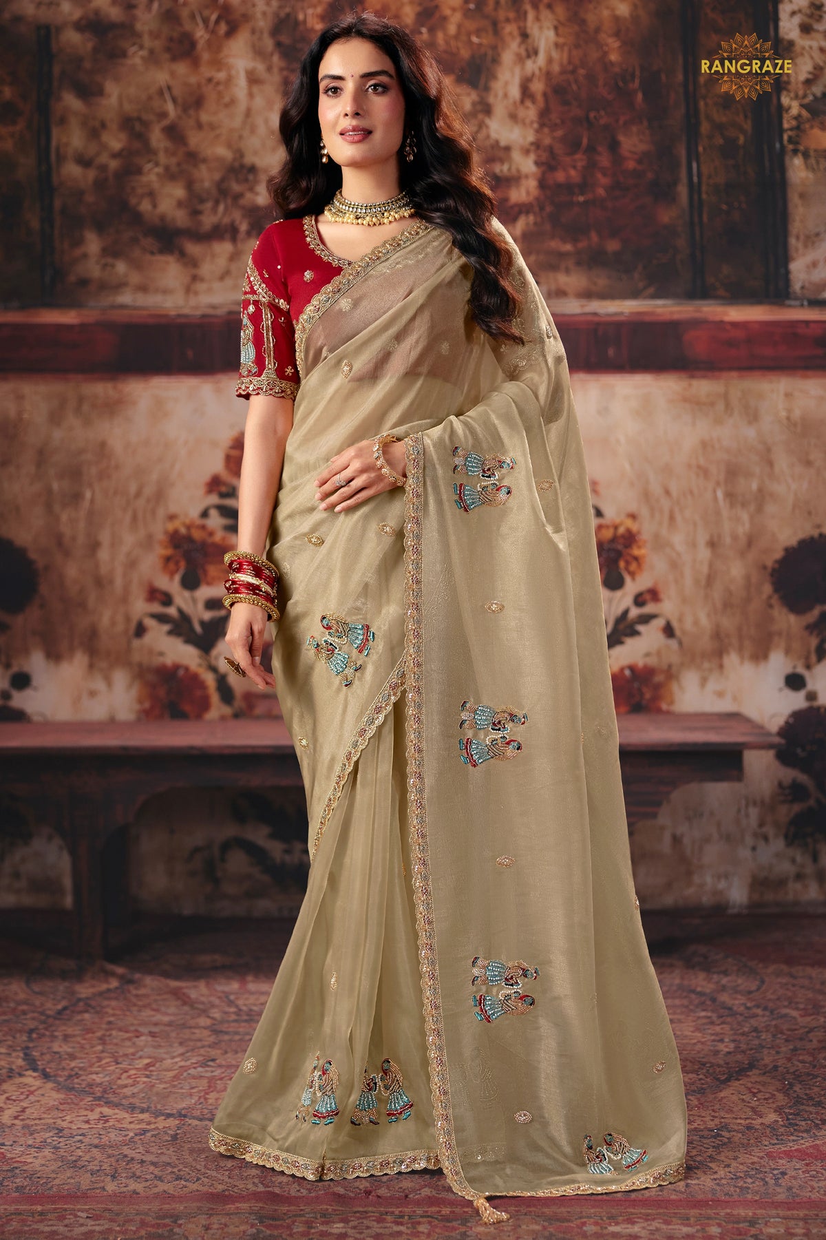 Beige Designer Organza Saree With Embroidered Blouse