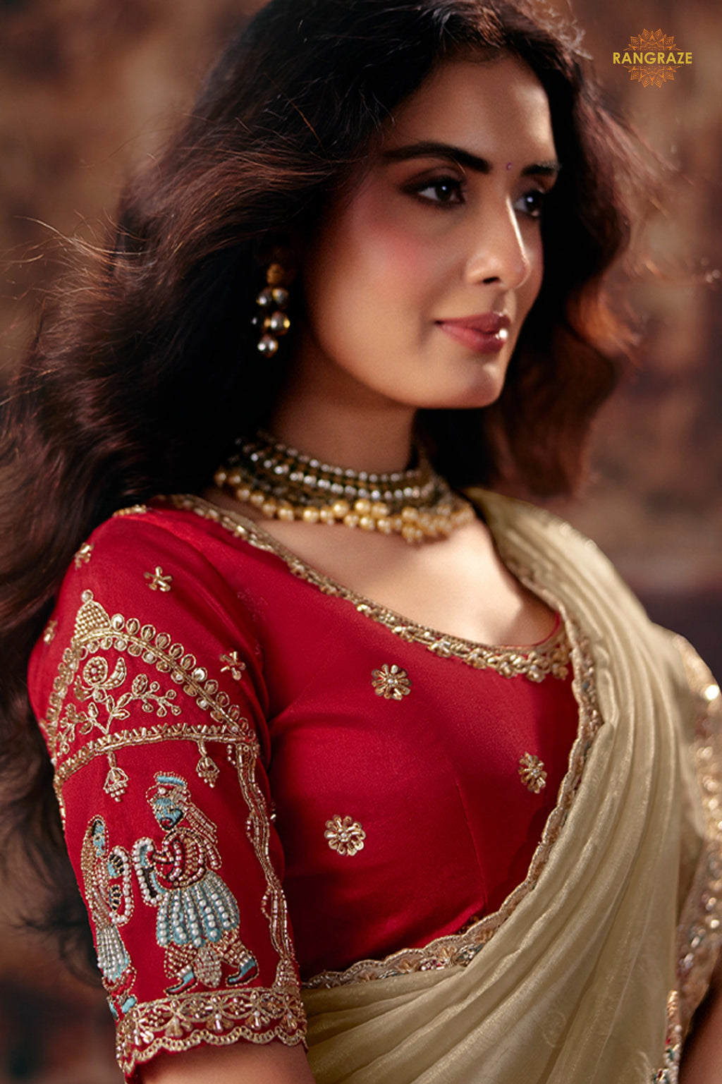 Beige Designer Organza Saree With Embroidered Blouse