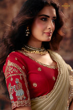 Beige Designer Organza Saree With Embroidered Blouse