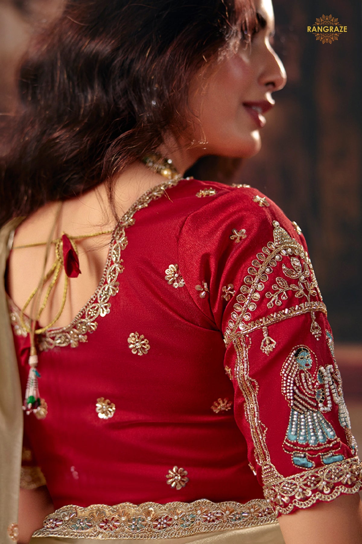 Beige Designer Organza Saree With Embroidered Blouse