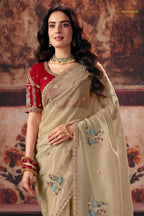 Beige Designer Organza Saree With Embroidered Blouse