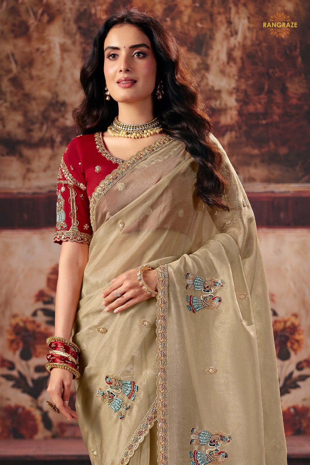 Beige Designer Organza Saree With Embroidered Blouse
