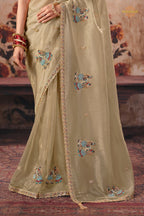 Beige Designer Organza Saree With Embroidered Blouse