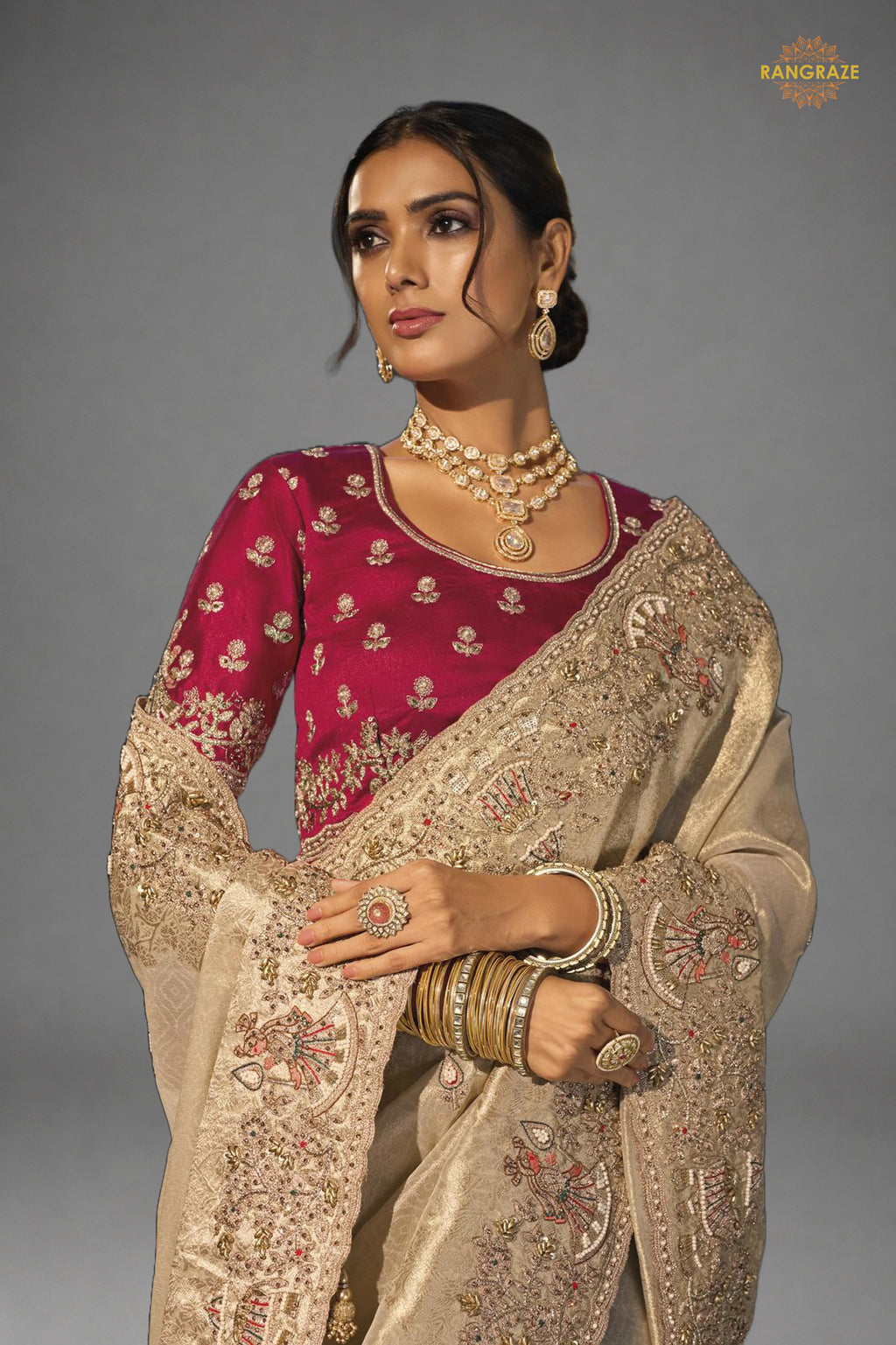 Beige Embroidered Kanjivaram Saree