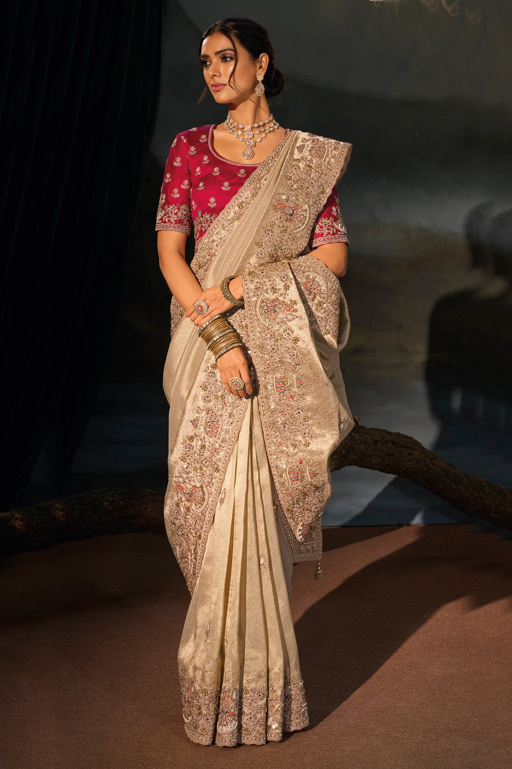 Beige Embroidered Kanjivaram Saree