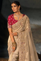 Beige Embroidered Kanjivaram Saree