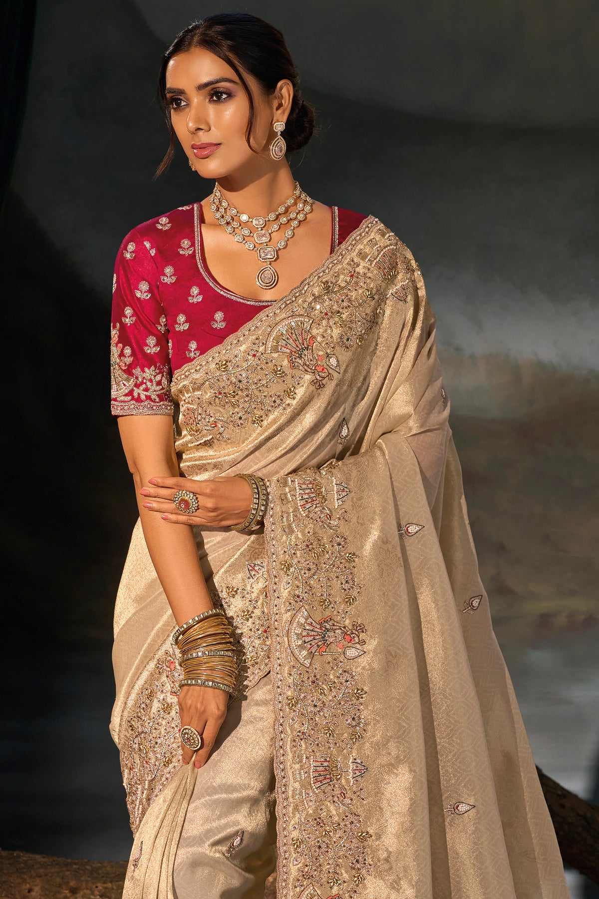 Beige Embroidered Kanjivaram Saree