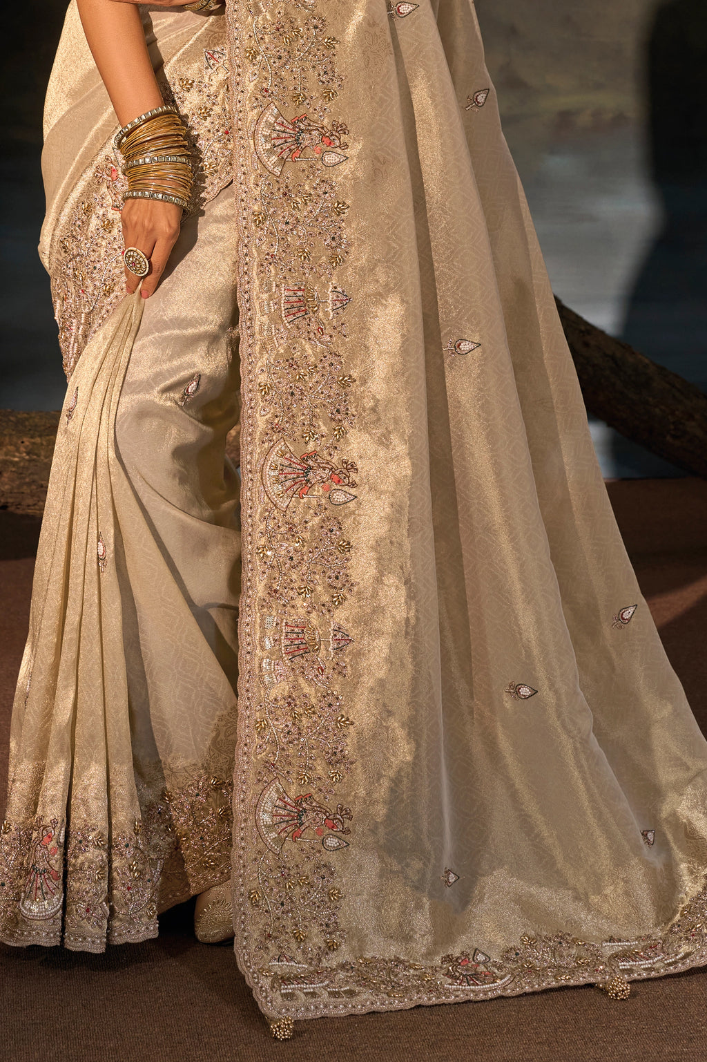 Beige Embroidered Kanjivaram Saree