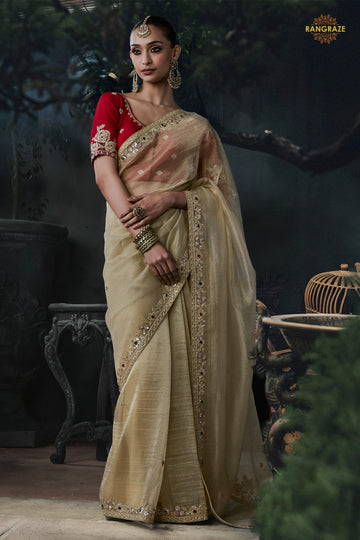 Beige Embroidered Tissue Organza Saree