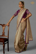 Beige Embroidered Viscose Tissue Saree