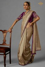 Beige Embroidered Viscose Tissue Saree
